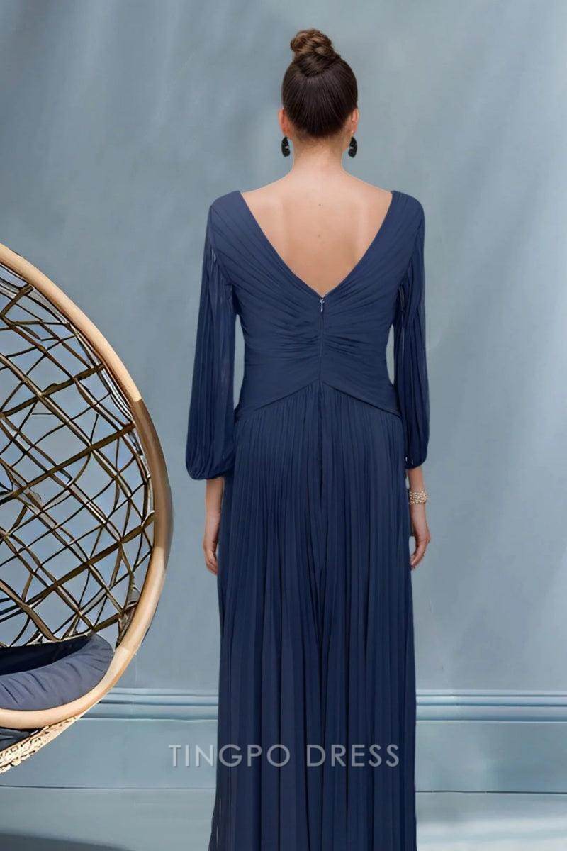 Elegant Plunging V - Neck Pleated Balloon Sleeve Maxi Dress with Open Back Prom Dress